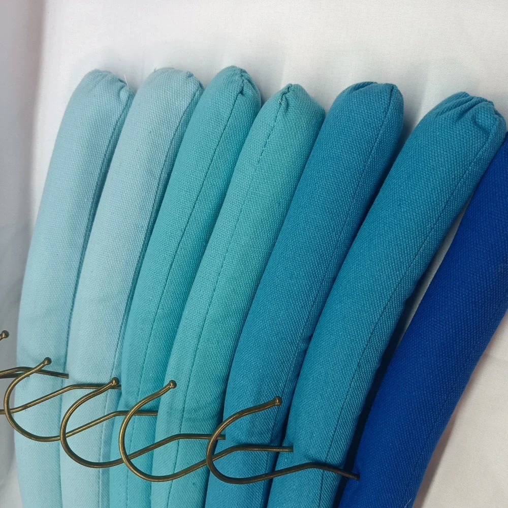 Set of 7 Ombre Blue Padded Cotton Canvas Clothes Hangers Antique Brass Hook